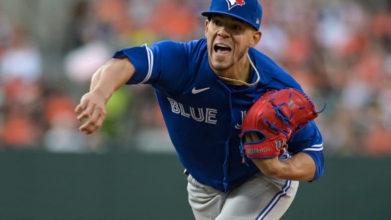 Jun 14, 2023; Baltimore, Maryland, USA; Toronto Blue Jays starting pitcher Jose Berrios (17) follows through on a first inning pitch against the Baltimore Orioles at Oriole Park at Camden Yards. Mandatory Credit: Tommy Gilligan-USA TODAY Sports