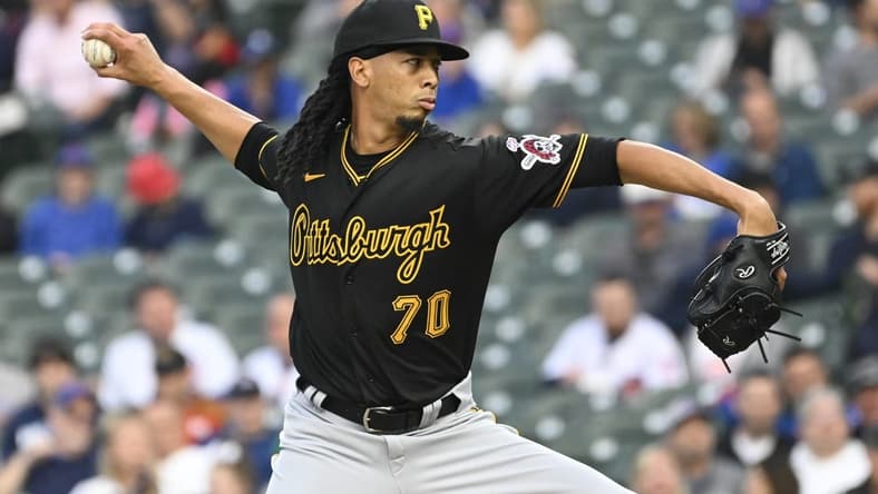 Jun 14, 2023; Chicago, Illinois, USA; Pittsburgh Pirates starting pitcher Osvaldo Bido (70) delivers against the Chicago Cubs during the first inning at Wrigley Field. Mandatory Credit: Matt Marton-USA TODAY Sports
