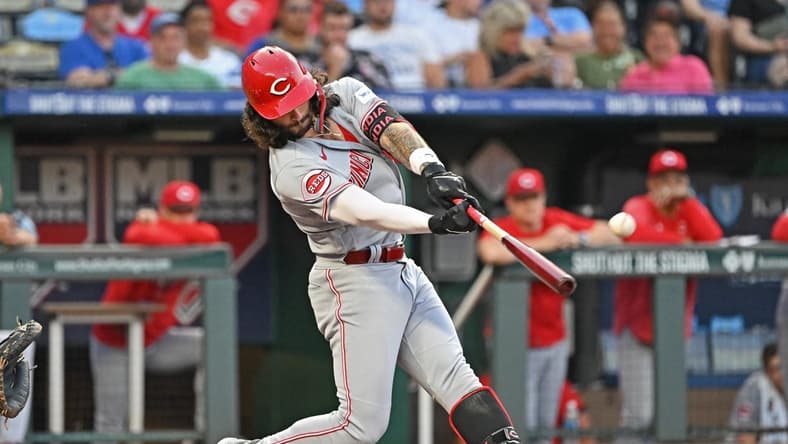 Jun 14, 2023; Kansas City, Missouri, USA; Cincinnati Reds designated hitter Jonathan India (6) hits an RBI double in the fourth inning against the Kansas City Royals at Kauffman Stadium. Mandatory Credit: Peter Aiken-USA TODAY Sports