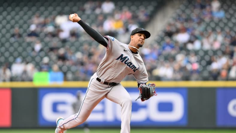 Jun 14, 2023; Seattle, Washington, USA; Miami Marlins starting pitcher Eury Perez (39) pitches to the Seattle Mariners during the first inning at T-Mobile Park. Mandatory Credit: Steven Bisig-USA TODAY Sports