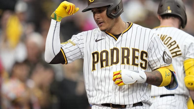 Jun 14, 2023; San Diego, California, USA; San Diego Padres third baseman Manny Machado (13) reacts to his home run against the Cleveland Guardians during the third inning at Petco Park. Mandatory Credit: Ray Acevedo-USA TODAY Sports
