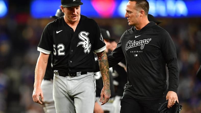 Jun 14, 2023; Los Angeles, California, USA; Chicago White Sox starting pitcher Mike Clevinger (52) goes to the dugout after suffering an apparent injury against the Los Angeles Dodgers/ during the fifth inning at Dodger Stadium. Mandatory Credit: Gary A. Vasquez-USA TODAY Sports