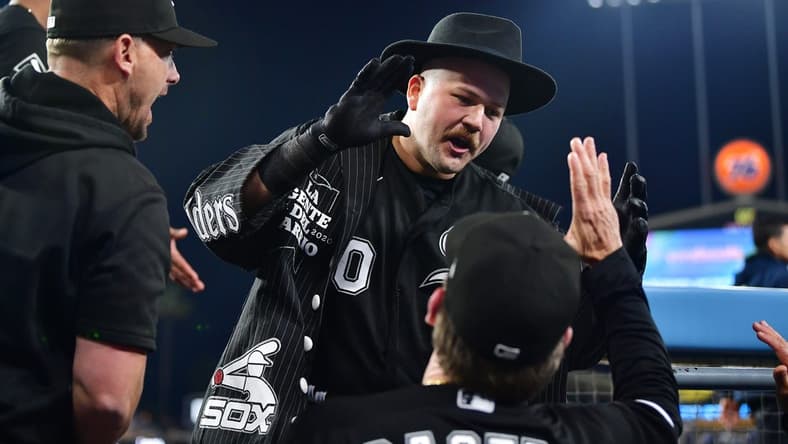 Jun 14, 2023; Los Angeles, California, USA; Chicago White Sox third baseman Jake Burger (30) is greeted after hitting a two run home run against the Los Angeles Dodgers during the eighth inning at Dodger Stadium. Mandatory Credit: Gary A. Vasquez-USA TODAY Sports