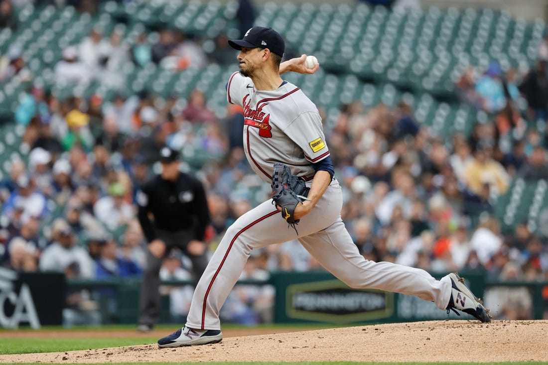 Jun 12, 2023; Detroit, Michigan, USA; Atlanta Braves starting pitcher Charlie Morton (50) pitches in the first inning against the Detroit Tigers at Comerica Park. Mandatory Credit: Rick Osentoski-USA TODAY Sports