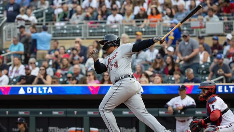 Jun 15, 2023; Minneapolis, Minnesota, USA; Detroit Tigers designated hitter Miguel Cabrera (24) hits single during the second inning against the Minnesota Twins at Target Field. Mandatory Credit: Jordan Johnson-USA TODAY Sports