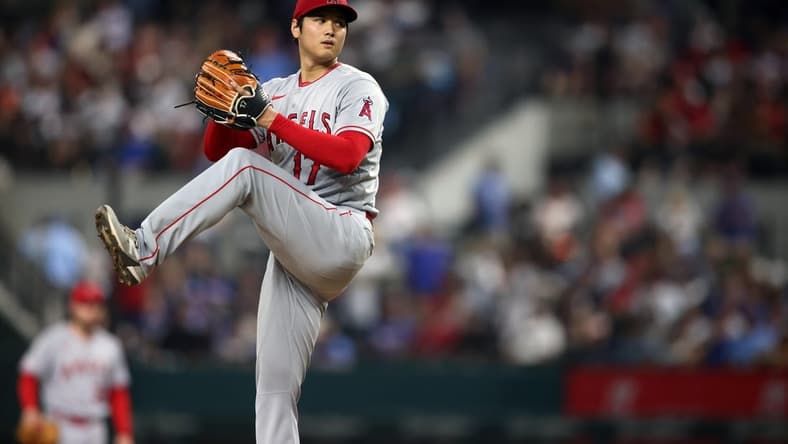 Jun 15, 2023; Arlington, Texas, USA; Los Angeles Angels starting pitcher Shohei Ohtani (17) throws a pitch in the third inning against the Texas Rangers at Globe Life Field. Mandatory Credit: Tim Heitman-USA TODAY Sports
