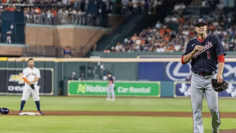 Jun 15, 2023; Houston, Texas, USA; Washington Nationals starting pitcher MacKenzie Gore (1) reacts after being leaving the game against the Houston Astros in the sixth inning at Minute Maid Park. Mandatory Credit: Thomas Shea-USA TODAY Sports