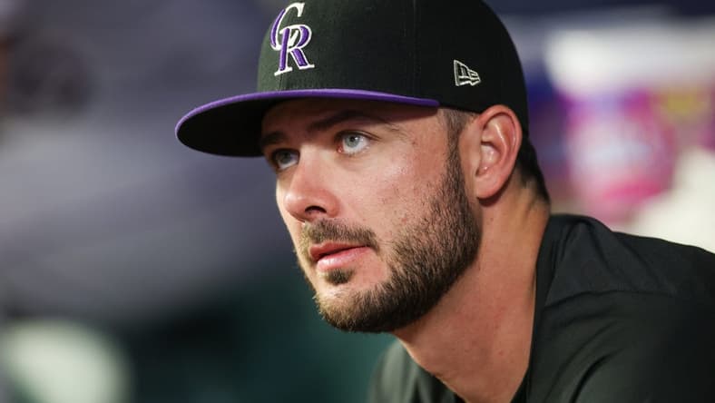 Jun 15, 2023; Atlanta, Georgia, USA; Colorado Rockies outfielder Kris Bryant (23) in the dugout against the Atlanta Braves in the eighth inning at Truist Park. Mandatory Credit: Brett Davis-USA TODAY Sports