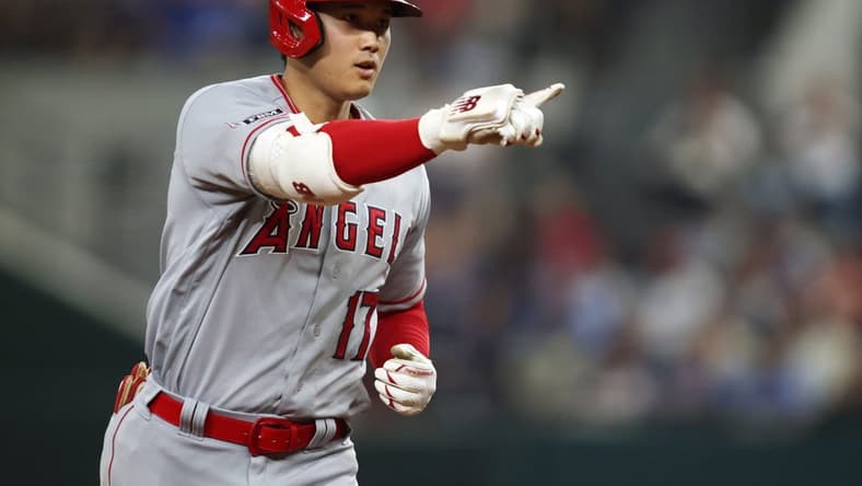 Jun 15, 2023; Arlington, Texas, USA; Los Angeles Angels starting pitcher Shohei Ohtani (17) reacts after hitting a two run home run in the eighth inning against the Texas Rangers at Globe Life Field. Mandatory Credit: Tim Heitman-USA TODAY Sports