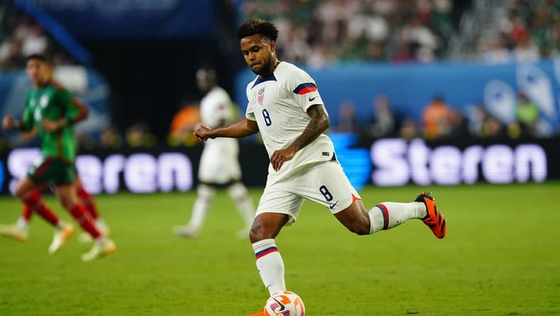 Jun 15, 2023; Las Vegas, Nevada, USA; USA midfielder Weston McKennie (8) runs with the ball against Mexico during the first half at Allegiant Stadium. Mandatory Credit: Lucas Peltier-USA TODAY Sports