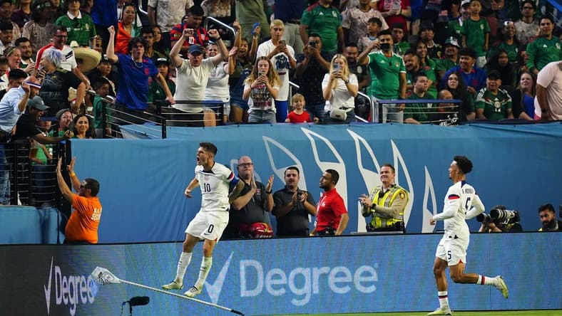 Jun 15, 2023; Las Vegas, Nevada, USA; USA forward Christian Pulisic (10) celebrates after scoring a goal against Mexico during the first half at Allegiant Stadium. Mandatory Credit: Lucas Peltier-USA TODAY Sports