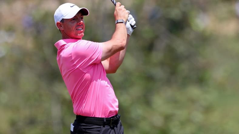 Jun 16, 2023; Los Angeles, California, USA; Rory McIlroy tees off on the ninth hole during the second round of the U.S. Open golf tournament. Mandatory Credit: Kiyoshi Mio-USA TODAY Sports