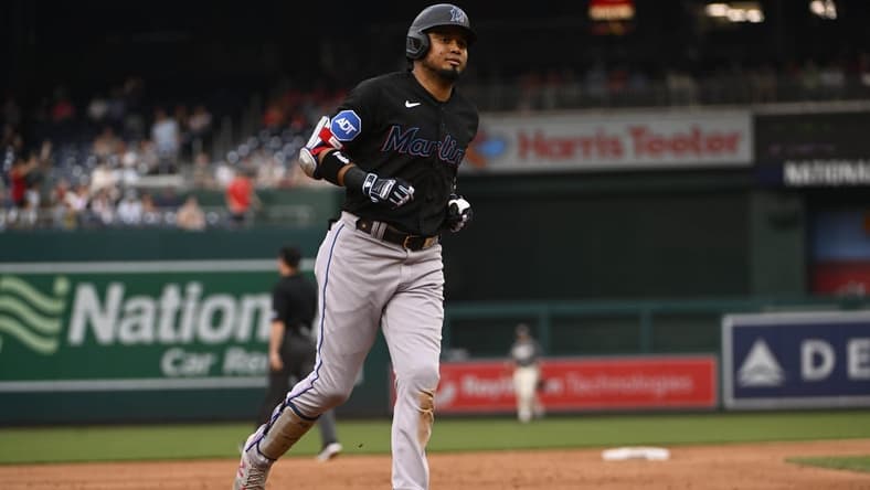 Jun 16, 2023; Washington, District of Columbia, USA; Miami Marlins second baseman Luis Arraez (3) rounds the bases after hitting a two run home run against the Washington Nationals during the second inning at Nationals Park. Mandatory Credit: Brad Mills-USA TODAY Sports