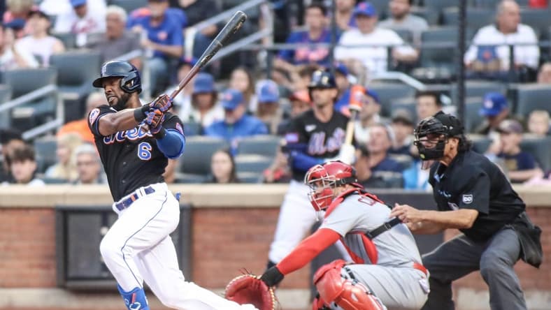Jun 16, 2023; New York City, New York, USA; New York Mets right fielder Starling Marte (6) hits a single in the first inning against the St. Louis Cardinals at Citi Field. Mandatory Credit: Wendell Cruz-USA TODAY Sports