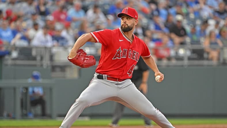 Jun 16, 2023; Kansas City, Missouri, USA; Los Angeles Angels starting pitcher Patrick Sandoval (43) pitches in the first inning against the Kansas City Royals at Kauffman Stadium. Mandatory Credit: Peter Aiken-USA TODAY Sports