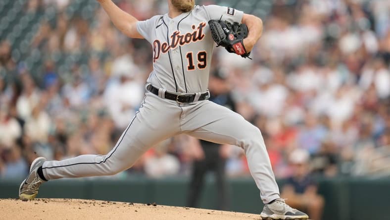 Jun 16, 2023; Minneapolis, Minnesota, USA; Detroit Tigers relief pitcher Will Vest (19) pitches in the first inning against the Minnesota Twins at Target Field. Mandatory Credit: Matt Blewett-USA TODAY Sports