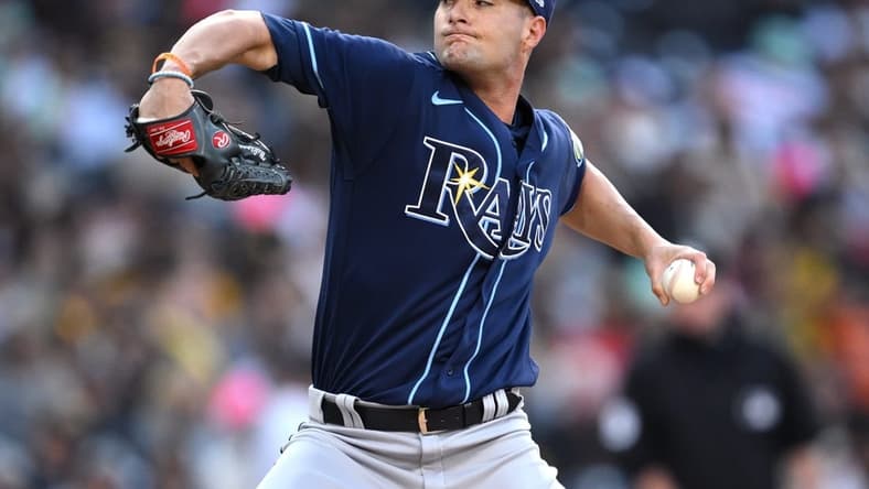 Jun 16, 2023; San Diego, California, USA; Tampa Bay Rays starting pitcher Shane McClanahan (18) throws a pitch against the San Diego Padres during the first inning at Petco Park. Mandatory Credit: Orlando Ramirez-USA TODAY Sports