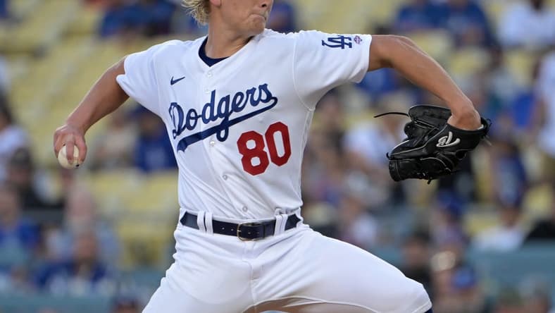 Jun 16, 2023; Los Angeles, California, USA; Los Angeles Dodgers starting pitcher Emmet Sheehan (80) pitches in the first inning as he makes his major league debut against the San Francisco Giants at Dodger Stadium. Mandatory Credit: Jayne Kamin-Oncea-USA TODAY Sports