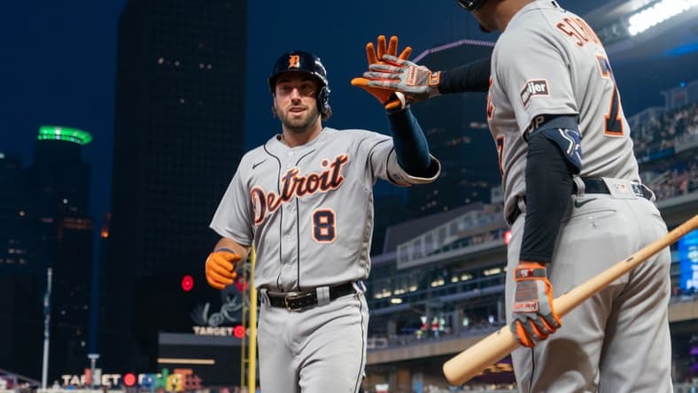 Jun 16, 2023; Minneapolis, Minnesota, USA; Detroit Tigers right fielder Matt Vierling (8) celebrates a home run with second baseman Jonathan Schoop (7) in the ninth inning against the Minnesota Twins at Target Field. Mandatory Credit: Matt Blewett-USA TODAY Sports