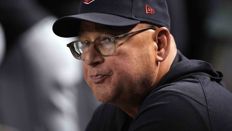 Jun 16, 2023; Phoenix, Arizona, USA; Cleveland Guardians manager Terry Francona (77) looks on against the Arizona Diamondbacks during the fourth inning at Chase Field. Mandatory Credit: Joe Camporeale-USA TODAY Sports