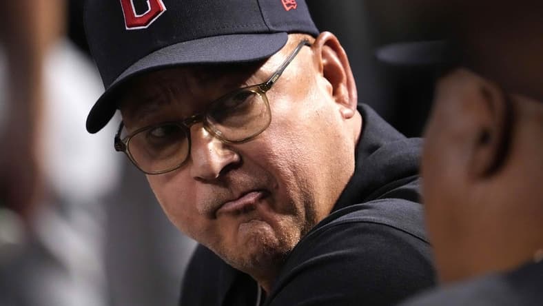 Jun 16, 2023; Phoenix, Arizona, USA; Cleveland Guardians manager Terry Francona (77) looks on against the Arizona Diamondbacks during the fourth inning at Chase Field. Mandatory Credit: Joe Camporeale-USA TODAY Sports