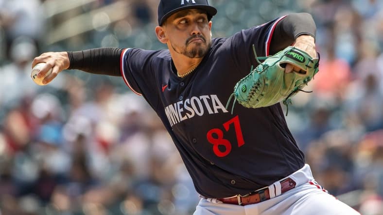 Jun 17, 2023; Minneapolis, Minnesota, USA; Minnesota Twins starting pitcher Jose De Leon (87) delivers against the Detroit Tigers in the first inning at Target Field. Mandatory Credit: Jesse Johnson-USA TODAY Sports