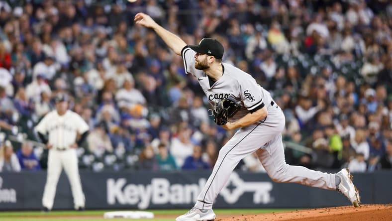 Jun 17, 2023; Seattle, Washington, USA; Chicago White Sox starting pitcher Lucas Giolito (27) throws against the Seattle Mariners during the first inning at T-Mobile Park. Mandatory Credit: Joe Nicholson-USA TODAY Sports