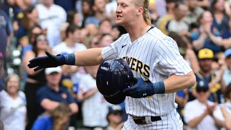 Jun 17, 2023; Milwaukee, Wisconsin, USA; Milwaukee Brewers center fielder Joey Wiemer (28) reacts after hitting a two run home run against the Pittsburgh Pirates in the third inning at American Family Field. Mandatory Credit: Benny Sieu-USA TODAY Sports