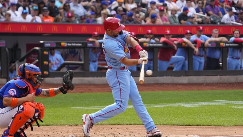 Jun 17, 2023; New York City, New York, USA; St. Louis Cardinals first baseman Paul Goldschmidt (46) hits a two run home run against the New York Mets during the second inning at Citi Field. Mandatory Credit: Gregory Fisher-USA TODAY Sports