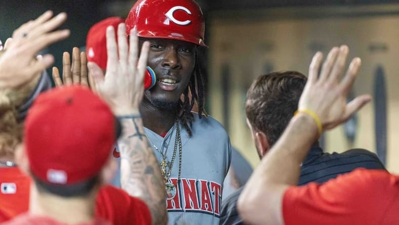 Jun 17, 2023; Houston, Texas, USA; Cincinnati Reds third baseman Elly De La Cruz (44) celebrates with teammates after scoring against the Houston Astros in the seventh inning at Minute Maid Park. Mandatory Credit: Thomas Shea-USA TODAY Sports
