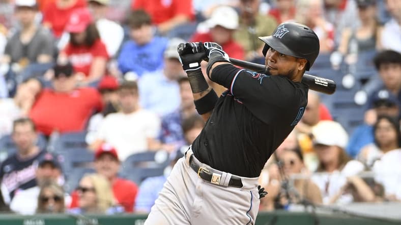 Jun 17, 2023; Washington, District of Columbia, USA; Miami Marlins second baseman Luis Arraez (3) singles against the Washington Nationals during the ninth inning at Nationals Park. Mandatory Credit: Brad Mills-USA TODAY Sports