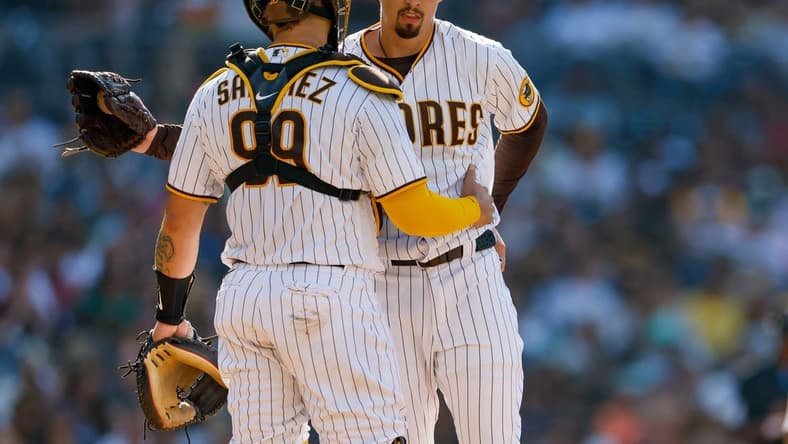 Jun 17, 2023; San Diego, California, USA;  San Diego Padres starting pitcher Blake Snell (4) talks with San Diego Padres catcher Gary S  nchez (99) on the mound in fourth inning against the Tampa Bay Rays at Petco Park. Mandatory Credit: David Frerker-USA TODAY Sports