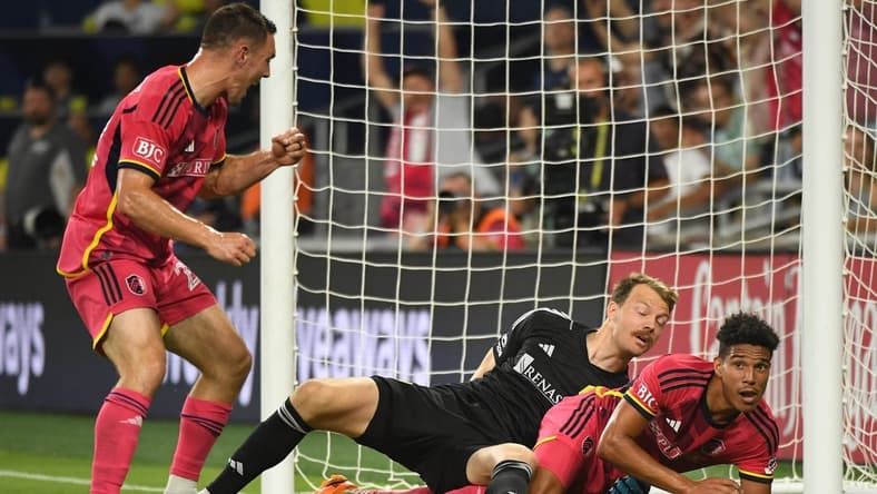 Jun 17, 2023; Nashville, Tennessee, USA; St. Louis City forward Nicholas Gioacchini (11) scores a goal against Nashville SC during the first half at Geodis Park. Mandatory Credit: Christopher Hanewinckel-USA TODAY Sports