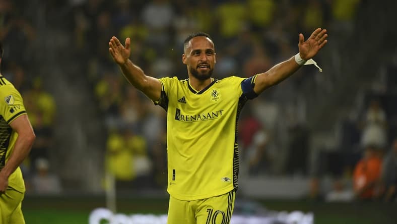 Jun 17, 2023; Nashville, Tennessee, USA; Nashville SC midfielder Hany Mukhtar (10) celebrates after scoring a goal against St. Louis City during the second half at Geodis Park. Mandatory Credit: Christopher Hanewinckel-USA TODAY Sports