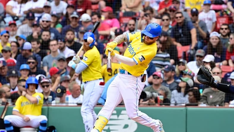 Jun 18, 2023; Boston, Massachusetts, USA; Boston Red Sox right fielder Alex Verdugo (99) hits a double against the New York Yankees during the third inning at Fenway Park. Mandatory Credit: Eric Canha-USA TODAY Sports