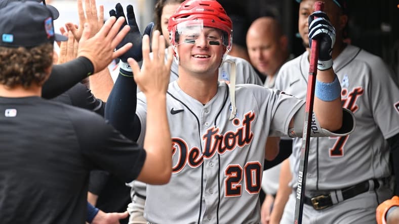 Jun 18, 2023; Minneapolis, Minnesota, USA; Detroit Tigers first baseman Spencer Torkelson (20) is greeted after hitting a two run home run during the fifth inning against the Minnesota Twins at Target Field. Mandatory Credit: Jeffrey Becker-USA TODAY Sports
