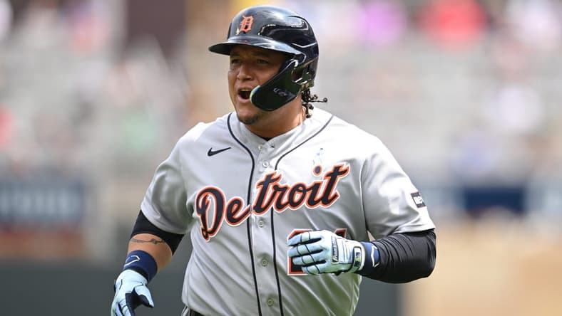 Jun 18, 2023; Minneapolis, Minnesota, USA; Detroit Tigers designated hitter Miguel Cabrera (24) reacts after an RBI sacrifice fly during the fifth inning against the Minnesota Twins at Target Field. Mandatory Credit: Jeffrey Becker-USA TODAY Sports