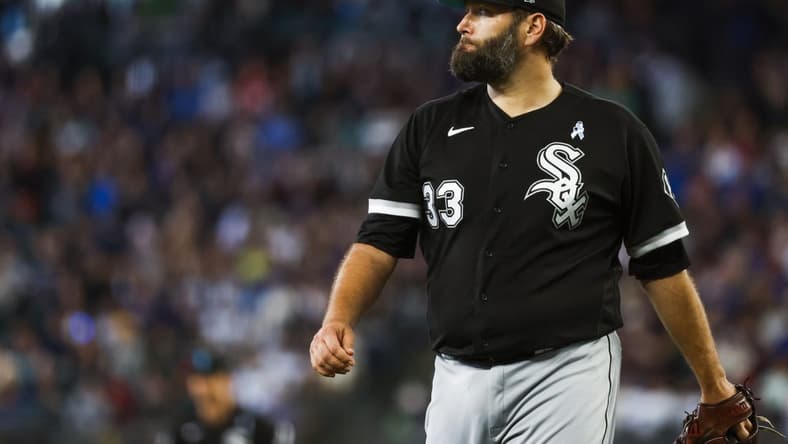 Jun 18, 2023; Seattle, Washington, USA; Chicago White Sox starting pitcher Lance Lynn (33) walks to the dugout following the fifth inning against the Seattle Mariners at T-Mobile Park. Mandatory Credit: Joe Nicholson-USA TODAY Sports