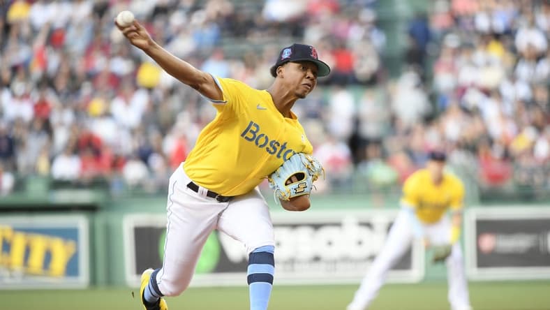 Jun 18, 2023; Boston, Massachusetts, USA; Boston Red Sox starting pitcher Brayan Bello (66) pitches during the first inning against the New York Yankees at Fenway Park. Mandatory Credit: Bob DeChiara-USA TODAY Sports