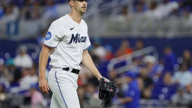 Jun 19, 2023; Miami, Florida, USA; Miami Marlins starting pitcher Bryan Hoeing (78) looks on against the Toronto Blue Jays during the first inning at loanDepot Park. Mandatory Credit: Sam Navarro-USA TODAY Sports