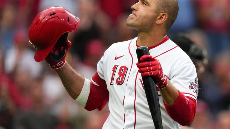 Cincinnati Reds first baseman Joey Votto (19) is recognized by the crowd before his first at-bat of the season in the second inning of a baseball game between the Colorado Rockies and the Cincinnati Reds, Monday, June 19, 2023, at Great American Ball Park in Cincinnati.