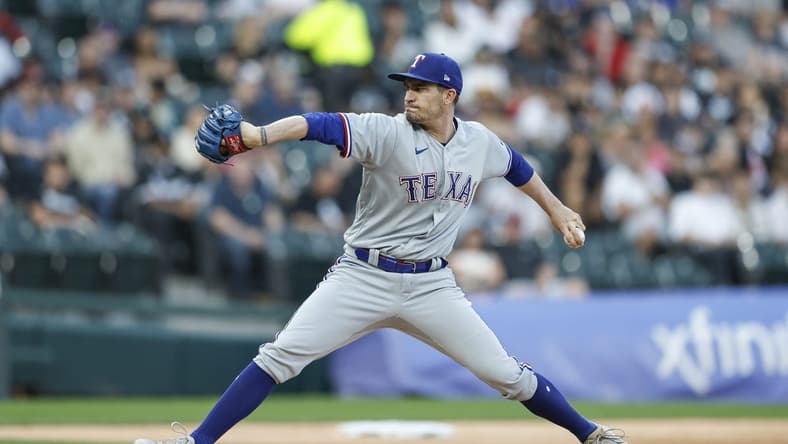 Jun 19, 2023; Chicago, Illinois, USA; Texas Rangers starting pitcher Andrew Heaney (44) pitches against the Chicago White Sox during the first inning at Guaranteed Rate Field. Mandatory Credit: Kamil Krzaczynski-USA TODAY Sports