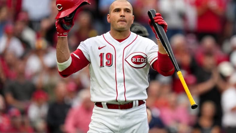 Cincinnati Reds first baseman Joey Votto (19) is recognized by the crowd before his first at-bat of the season in the second inning of a baseball game between the Colorado Rockies and the Cincinnati Reds, Monday, June 19, 2023, at Great American Ball Park in Cincinnati.