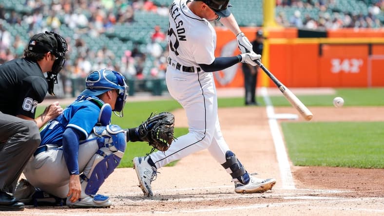 Tigers first baseman Spencer Torkelson bats against the Royals during the first inning at Comerica Park on Wednesday, June 21, 2023.