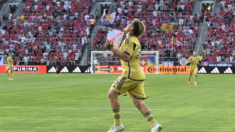 Jun 21, 2023; St. Louis, Missouri, USA; Real Salt Lake midfielder Diego Luna (26) celebrates a goal against the St. Louis City in the first half in a MLS game at CITYPARK. Mandatory Credit: Scott Rovak-USA TODAY Sports