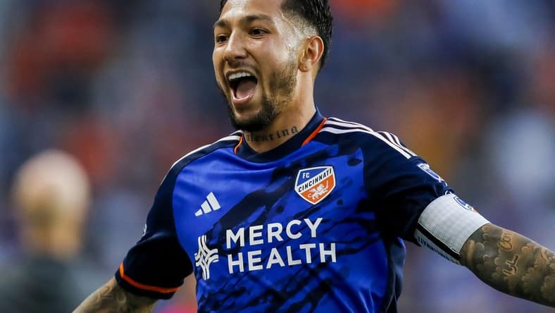 Jun 21, 2023; Cincinnati, Ohio, USA; FC Cincinnati midfielder Luciano Acosta (10) reacts after scoring a goal against Toronto FC in the second half at TQL Stadium. Mandatory Credit: Katie Stratman-USA TODAY Sports