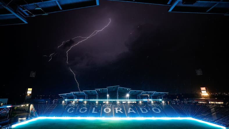 Jun 21, 2023; Commerce City, Colorado, USA; Lighting strikes during a weather delay before the match between the Colorado Rapids and the Vancouver Whitecaps at Dick's Sporting Goods Park. Mandatory Credit: Isaiah J. Downing-USA TODAY Sports
