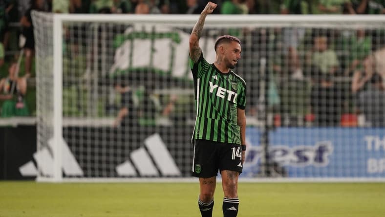 Jun 21, 2023; Austin, Texas, USA; Austin FC forward Diego Fagundez (14) reacts after scoring a goal during the first half against the FC Dallas at Q2 Stadium. Mandatory Credit: Scott Wachter-USA TODAY Sports