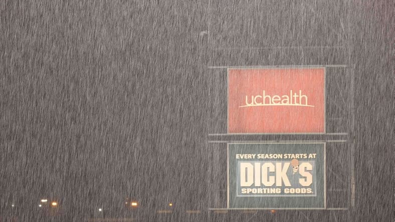 Jun 21, 2023; Commerce City, Colorado, USA; Rain falls at Dick's Sporting Goods Park during a weather delay before the match between the Colorado Rapids and the Vancouver Whitecaps. Mandatory Credit: Isaiah J. Downing-USA TODAY Sports