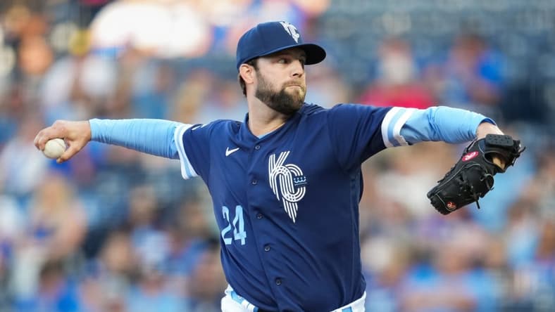 May 26, 2023; Kansas City, Missouri, USA; Kansas City Royals starting pitcher Jordan Lyles (24) pitches during the first inning against the Washington Nationals at Kauffman Stadium. Mandatory Credit: Jay Biggerstaff-USA TODAY Sports